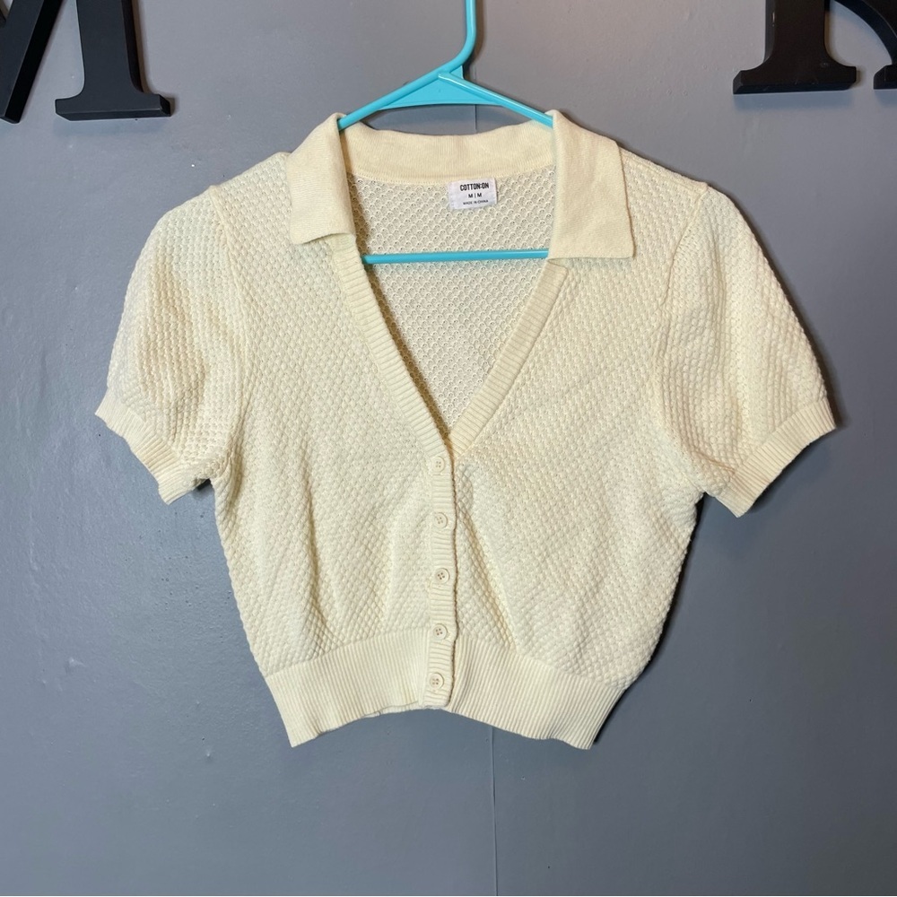Cotton On Cream Short Sleeve Textured Knit Cropped Cardigan size medium